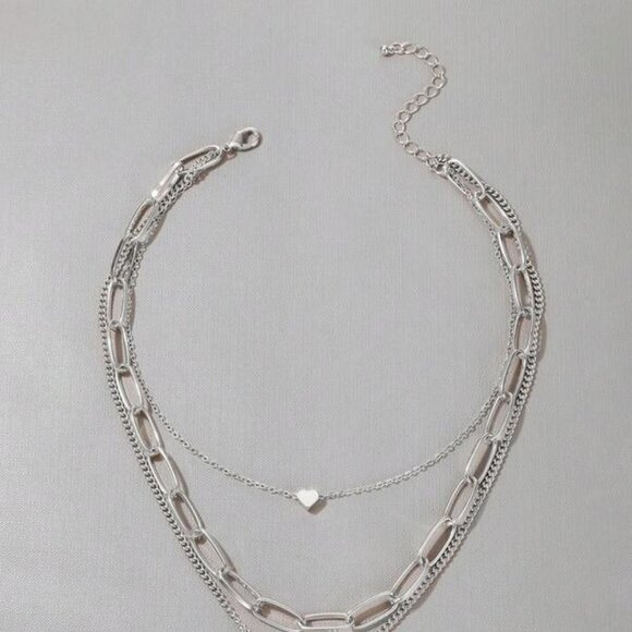 Sterling Silver 3-Layer Chain Necklace | Heart & Lock Pendant - Picture 4 of 4
